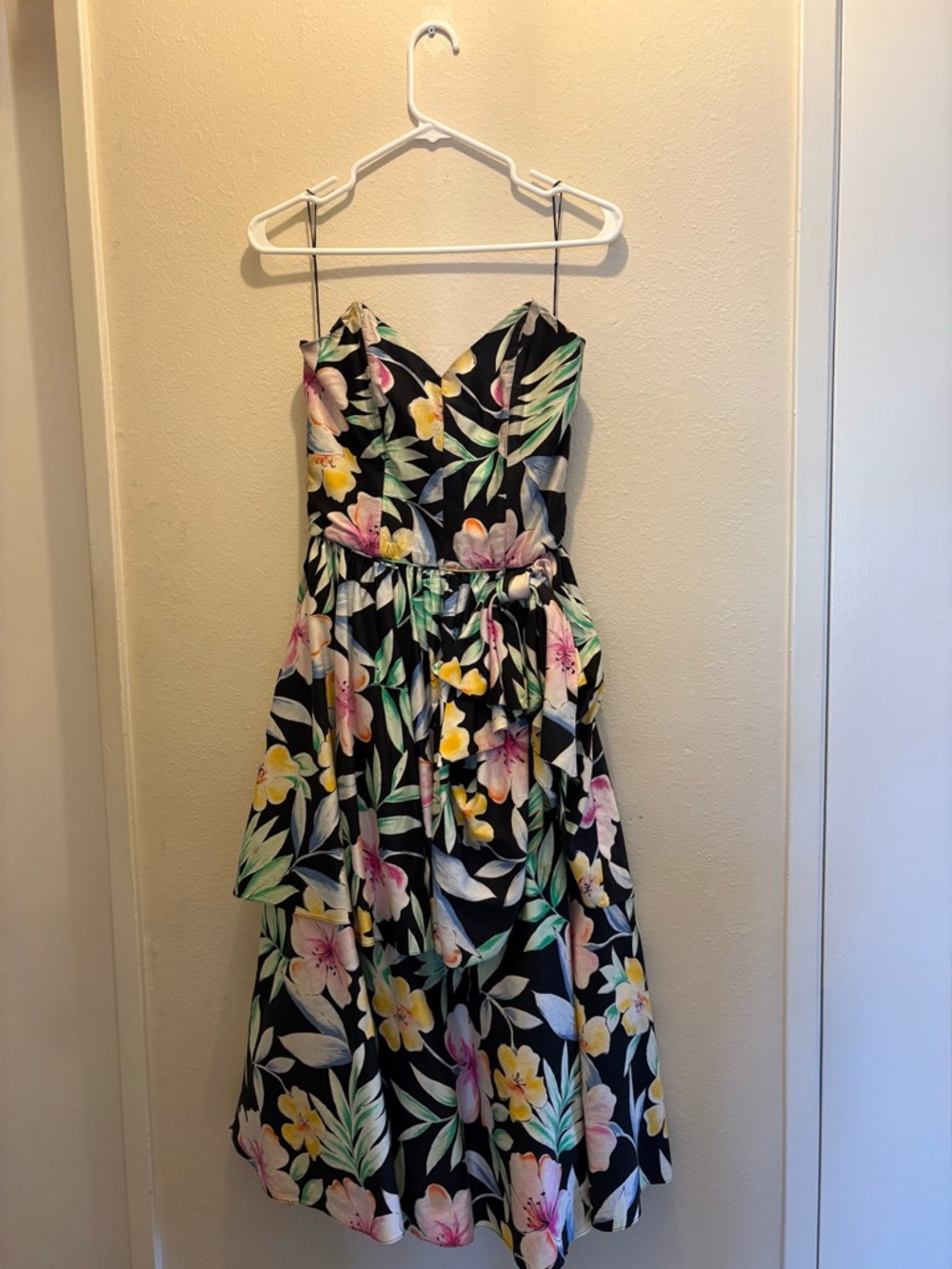Vintage Floral Strapless Midi Dress in Black with Pink & Yellow Blooms